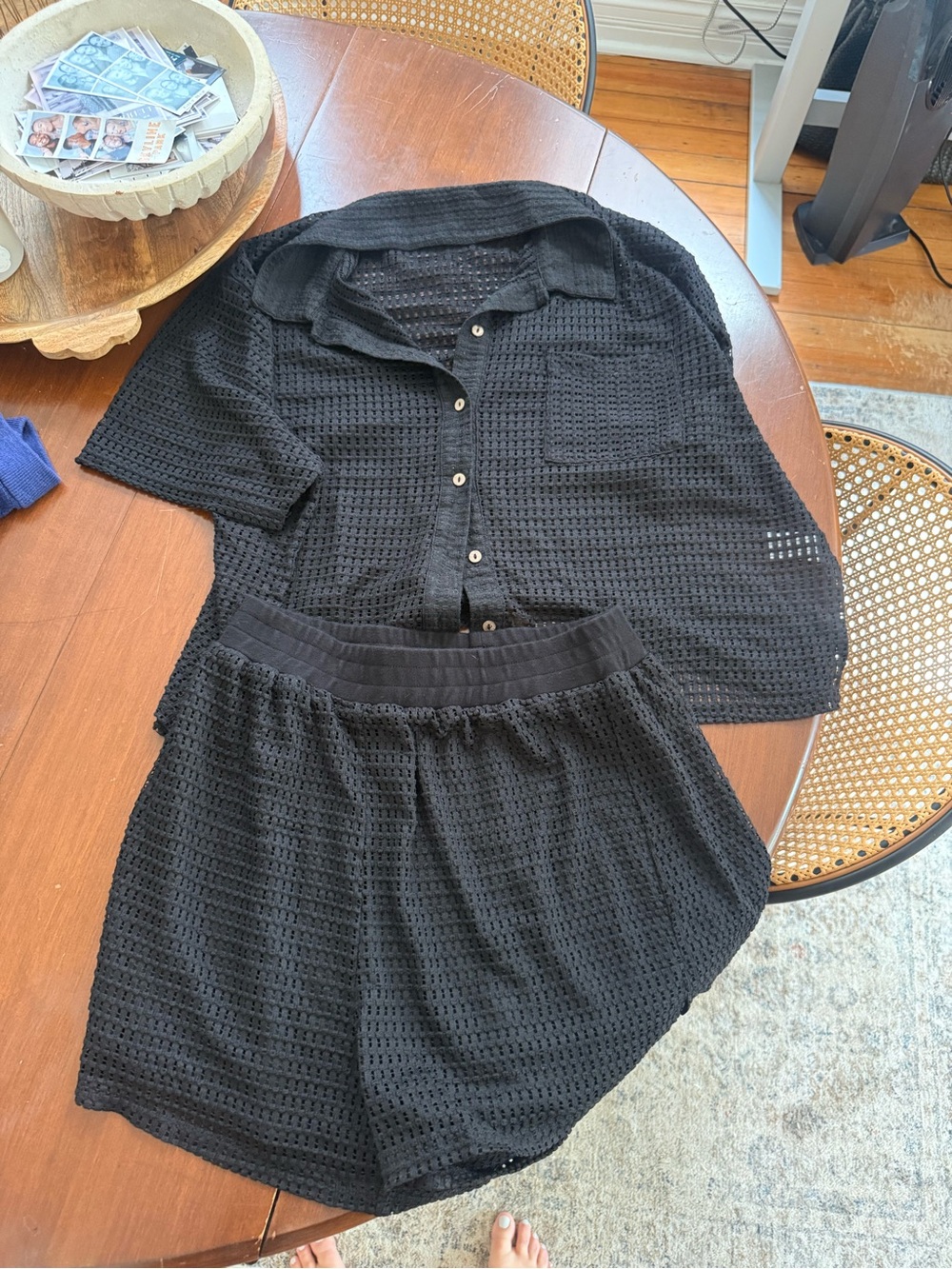 Nordstrom Black Crochet-Look Button Shirt & High-Waist Shorts Set